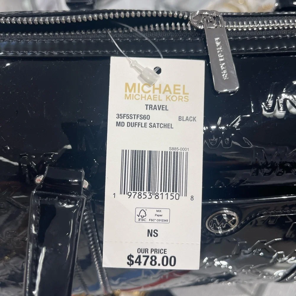 MICHAEL KORS Jet Set Medium Patent Logo Debossed Duffel Crossbody Bag Silver NWT